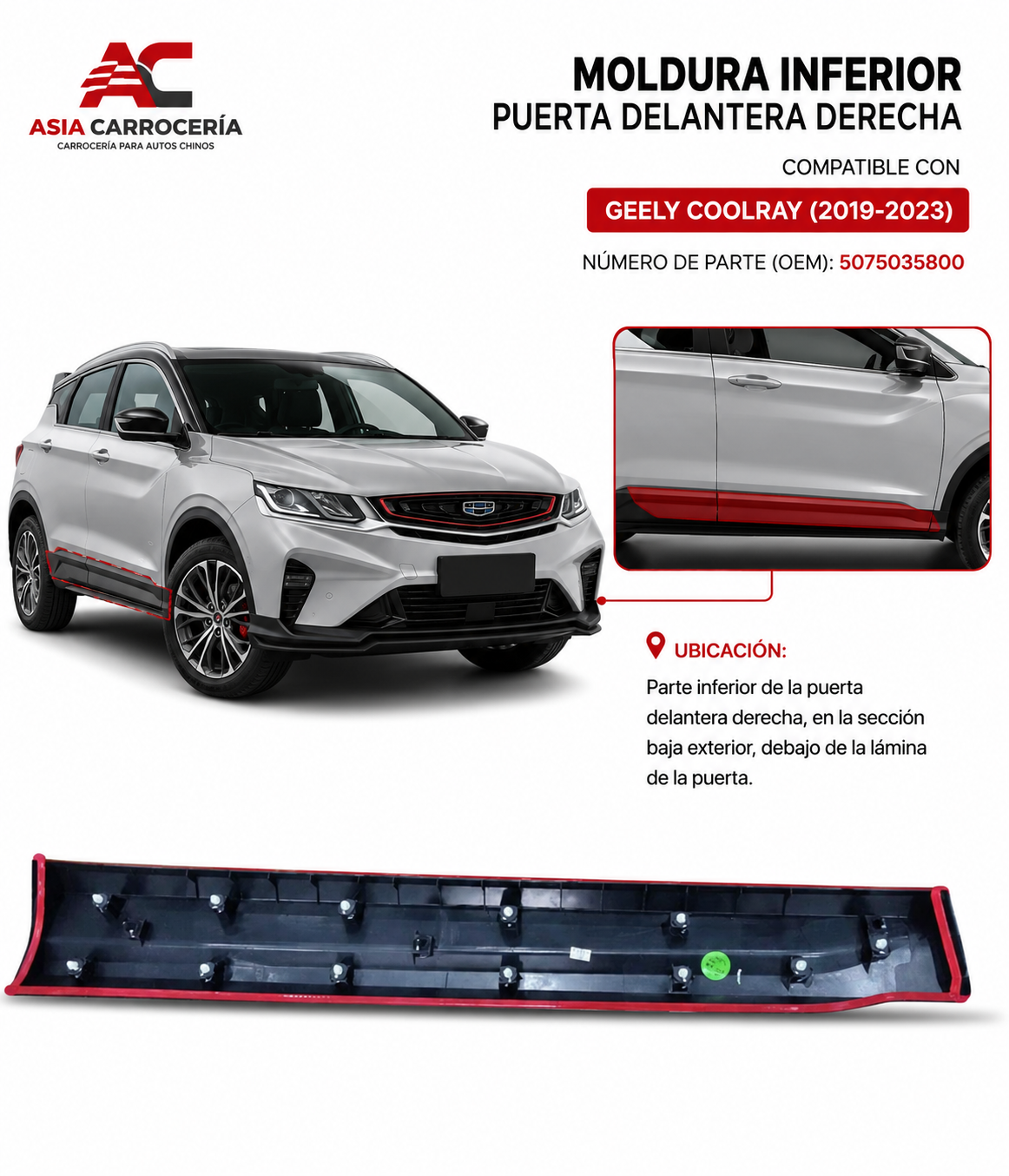 Moldura Inferior Puerta Delantera Derecha Geely Coolray